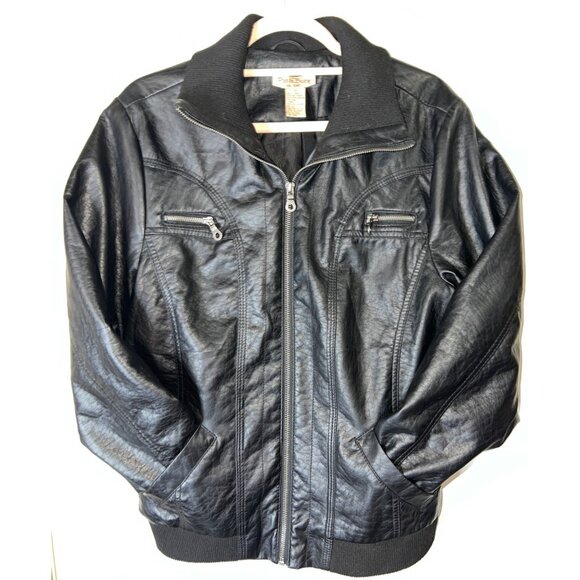 Paris Blues Womens Black Faux Leather Bomber Jacket 1X With Zipper Front & Ribbe - Picture 1 of 5